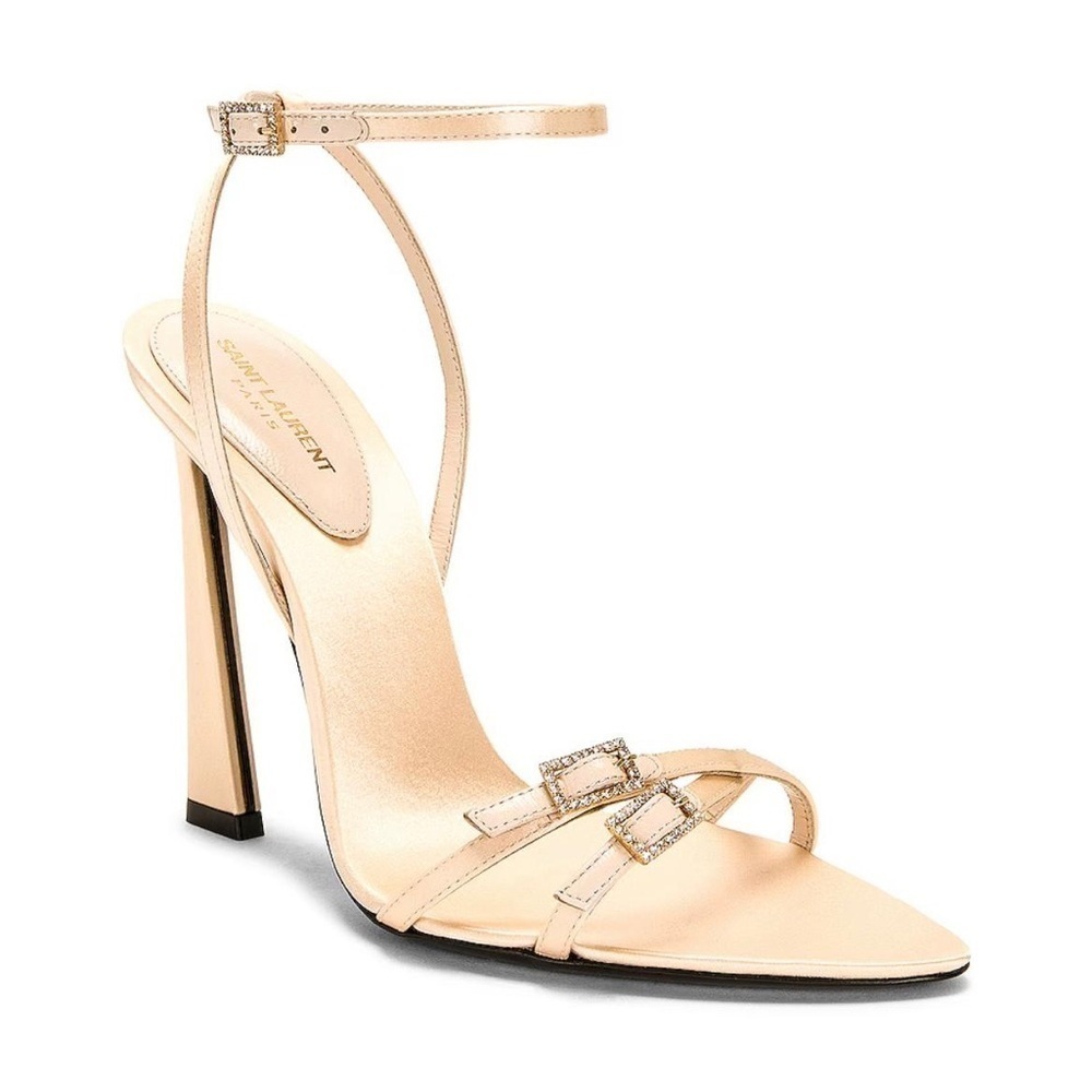 Saint Laurent Lila 110 Ankle Strap High Heel Sandals In Nude Crepe Satin - NWT